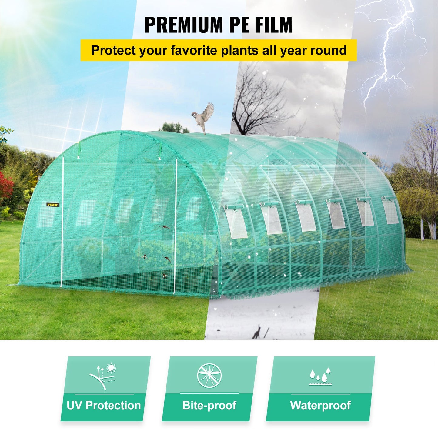Walk-in Tunnel Greenhouse, 609.6 x 304.8 x 213.4 cm Portable Plant Hot House w/ Galvanized Steel Hoops, 3 Top Beams, 4 Diagonal Poles, 2 Zippered Doors & 12 Roll-up Windows, Green