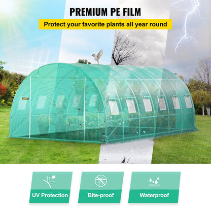 Walk-in Tunnel Greenhouse, 609.6 x 304.8 x 213.4 cm Portable Plant Hot House w/ Galvanized Steel Hoops, 3 Top Beams, 4 Diagonal Poles, 2 Zippered Doors & 12 Roll-up Windows, Green