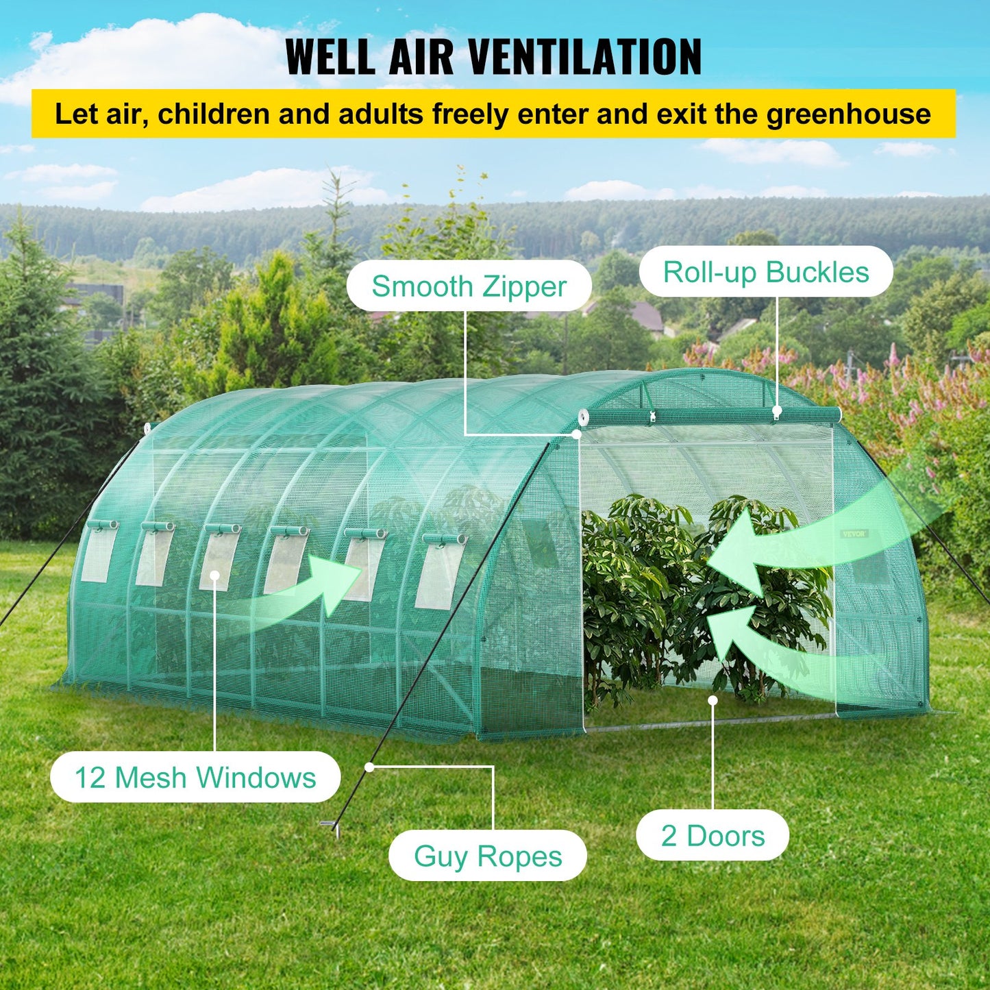 Walk-in Tunnel Greenhouse, 609.6 x 304.8 x 213.4 cm Portable Plant Hot House w/ Galvanized Steel Hoops, 3 Top Beams, 4 Diagonal Poles, 2 Zippered Doors & 12 Roll-up Windows, Green