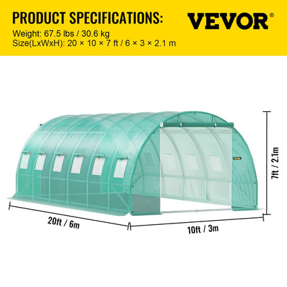 Walk-in Tunnel Greenhouse, 609.6 x 304.8 x 213.4 cm Portable Plant Hot House w/ Galvanized Steel Hoops, 3 Top Beams, 4 Diagonal Poles, 2 Zippered Doors & 12 Roll-up Windows, Green
