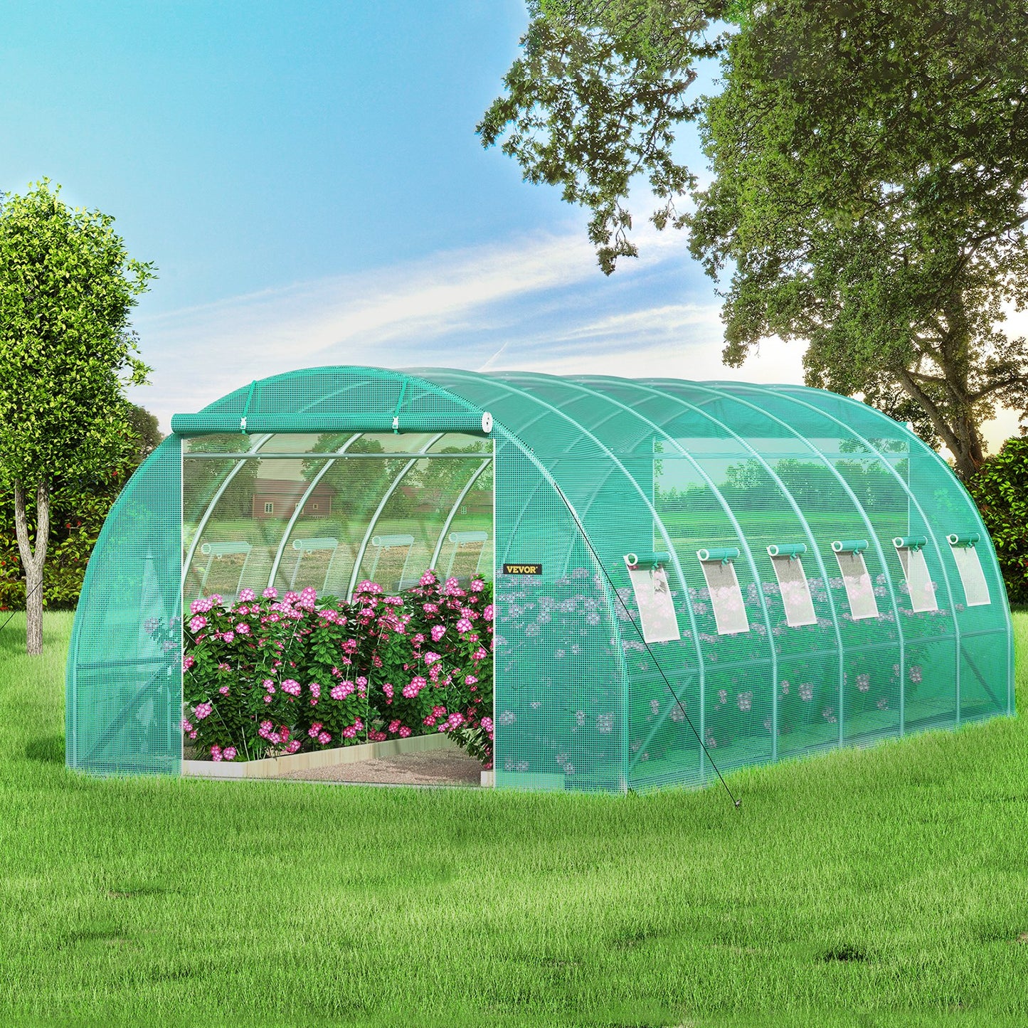 Walk-in Tunnel Greenhouse, 609.6 x 304.8 x 213.4 cm Portable Plant Hot House w/ Galvanized Steel Hoops, 3 Top Beams, 4 Diagonal Poles, 2 Zippered Doors & 12 Roll-up Windows, Green