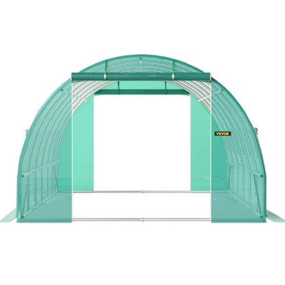 Walk-in Tunnel Greenhouse, 609.6 x 304.8 x 213.4 cm Portable Plant Hot House w/ Galvanized Steel Hoops, 3 Top Beams, 4 Diagonal Poles, 2 Zippered Doors & 12 Roll-up Windows, Green