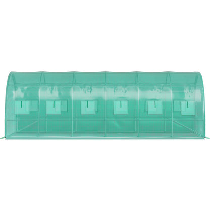 Walk-in Tunnel Greenhouse, 609.6 x 304.8 x 213.4 cm Portable Plant Hot House w/ Galvanized Steel Hoops, 3 Top Beams, 4 Diagonal Poles, 2 Zippered Doors & 12 Roll-up Windows, Green