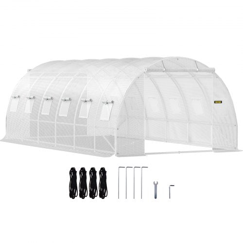 Walk-in Tunnel Greenhouse, 609.6 x 304.8 x 213.4 cm Portable Plant Hot House w/ Galvanized Steel Hoops, 3 Top Beams, 4 Diagonal Poles, 2 Zippered Doors & 12 Roll-up Windows, White