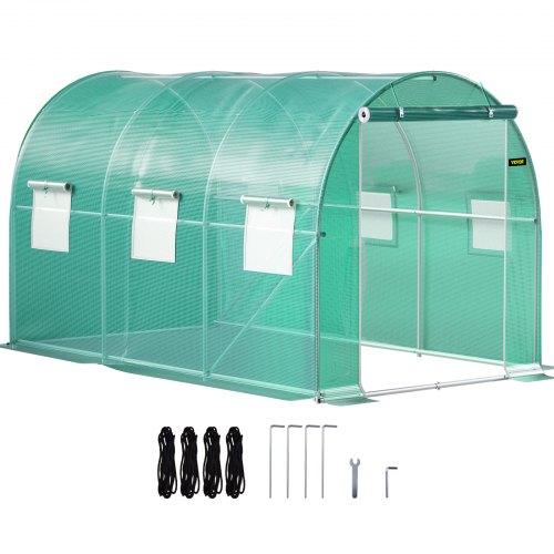 Walk-in Tunnel Greenhouse, 3.6 x 2 x 2 m/ 12 x 7 x 7 ft Portable Plant Hot House w/ Galvanized Steel Hoops, 1 Top Beams, 2 Diagonal Poles, 2 Zippered Doors & 6 Roll-up Windows, Green