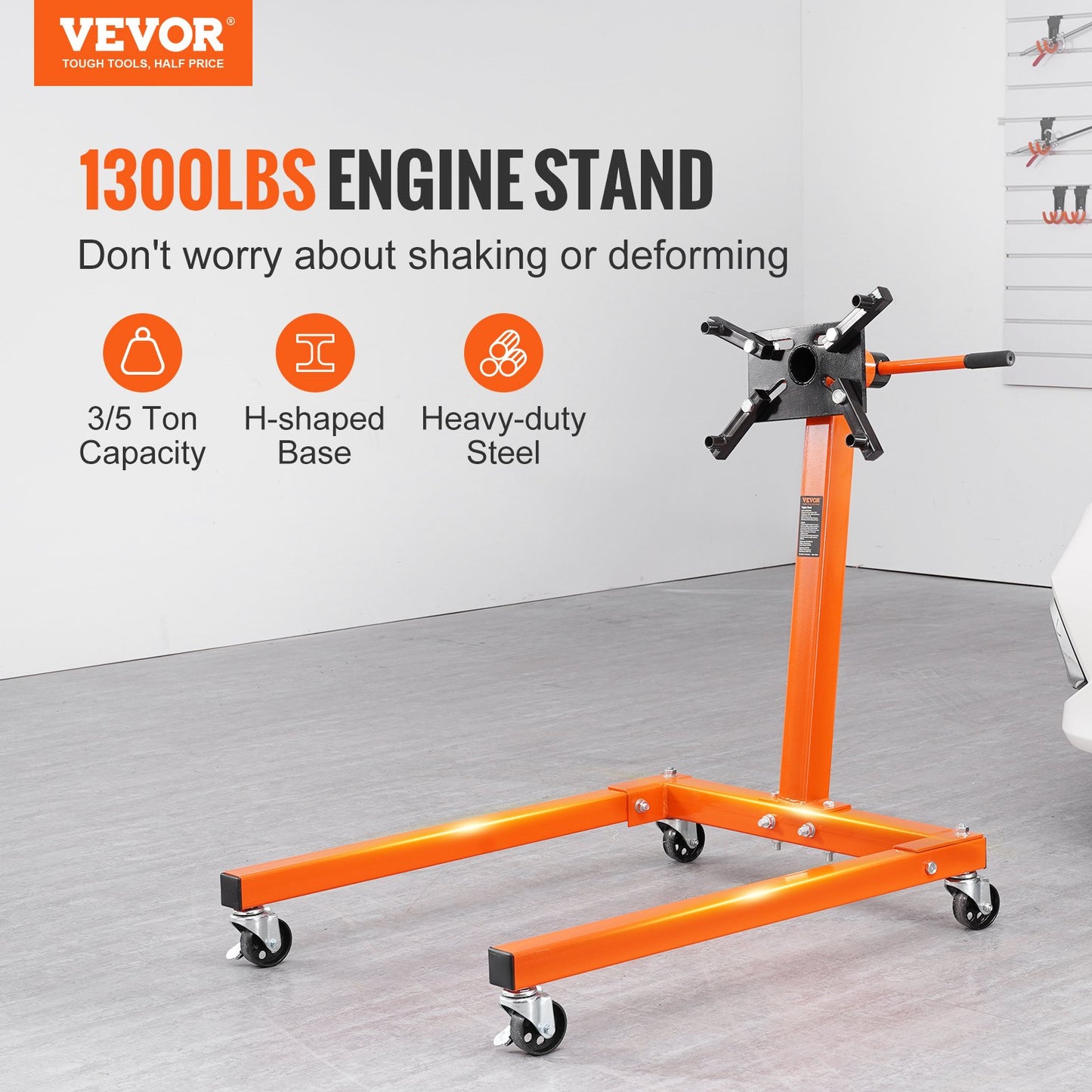 Engine Stand, 1300 LBS Rotating Engine Stand with 360 Degree Adjustable Head, Steel Engine Block Stand with Tray, 4-Caster, 4 Adjustable Arms, for Vehicle Maintenance