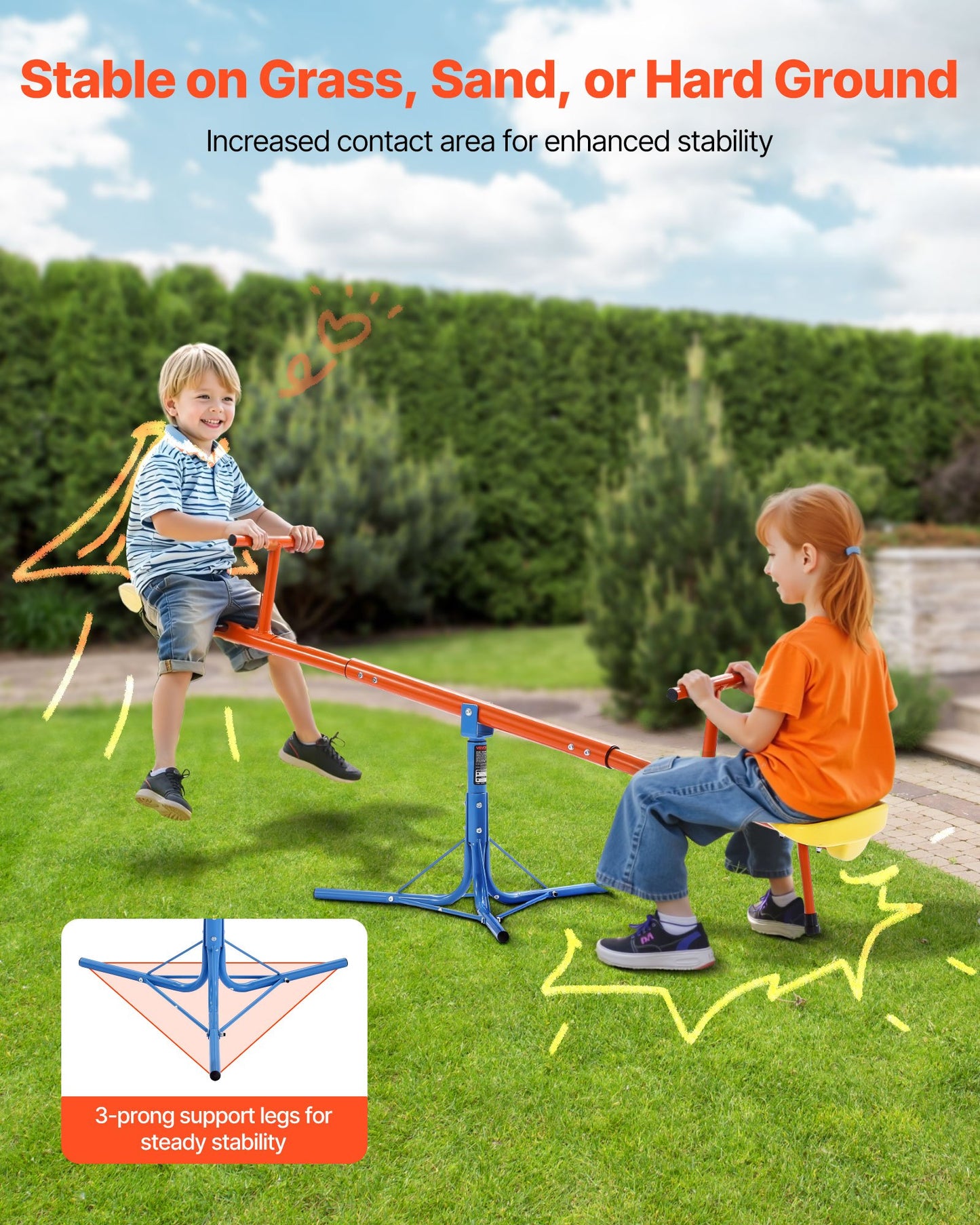 Kids Seesaw, 45.4 kg Load Capacity per Seat, Sit and Spin Teeter Totter with 3-prong Support Legs, Kids Outdoor Playground Equipment, Swiveling 360 Degrees Rotating for Children Aged 3+
