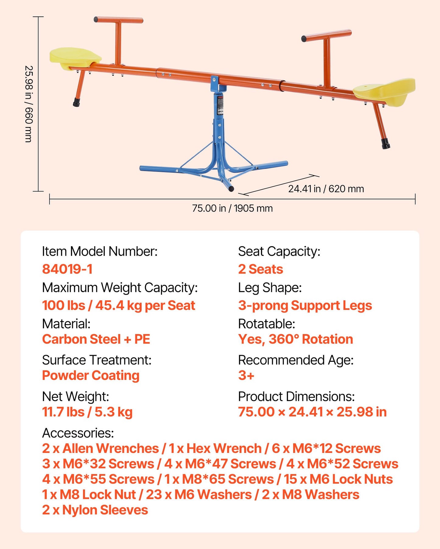 Kids Seesaw, 45.4 kg Load Capacity per Seat, Sit and Spin Teeter Totter with 3-prong Support Legs, Kids Outdoor Playground Equipment, Swiveling 360 Degrees Rotating for Children Aged 3+