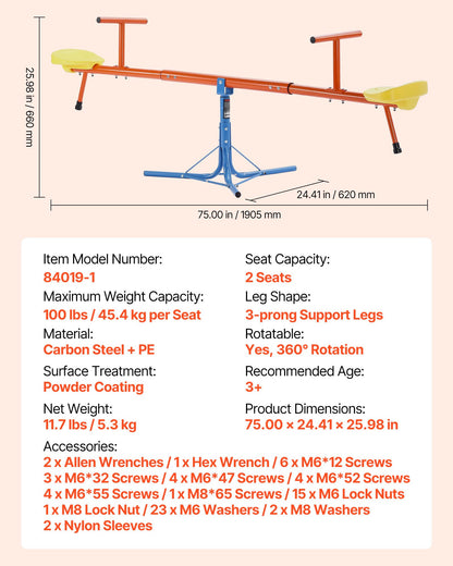 Kids Seesaw, 45.4 kg Load Capacity per Seat, Sit and Spin Teeter Totter with 3-prong Support Legs, Kids Outdoor Playground Equipment, Swiveling 360 Degrees Rotating for Children Aged 3+