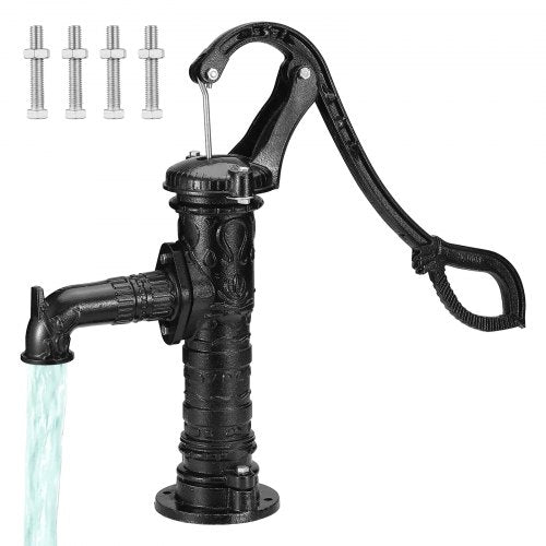 Antique Well Hand Pitcher Pump, 6.7 m(22ft) Maximum Lift, Cast Iron Manual Hand Water Pump with Ergonomic Handle NPT31.8 mm(1-1/4") Easy Installation, Old Fashioned for Outdoor Home Yard Garden Pond Farm, Black