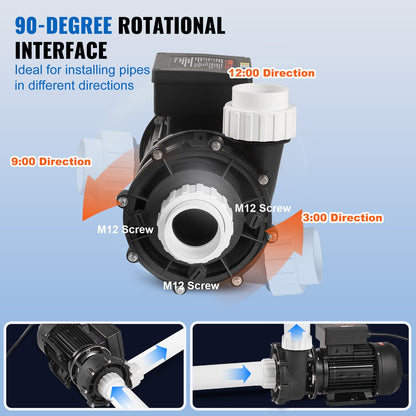 2 Speed SPA Pump, 56-Frame, Dual-Speed Hot Tub SPA Pump, 1600W / 39 m³/h / 15 m High Speed or 400W / 19 m³/h / 3.9 m Low Speed, 2" Port 90° Rotational Interface for Hot Tub, TÜV Certification
