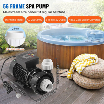 2 Speed SPA Pump, 56-Frame, Dual-Speed Hot Tub SPA Pump, 1900W / 43 m³/h / 18 m High Speed or 450W / 21.5 m³/h / 4.4 m Low Speed, 2" Port 90° Rotational Interface for Hot Tub, TÜV Certification