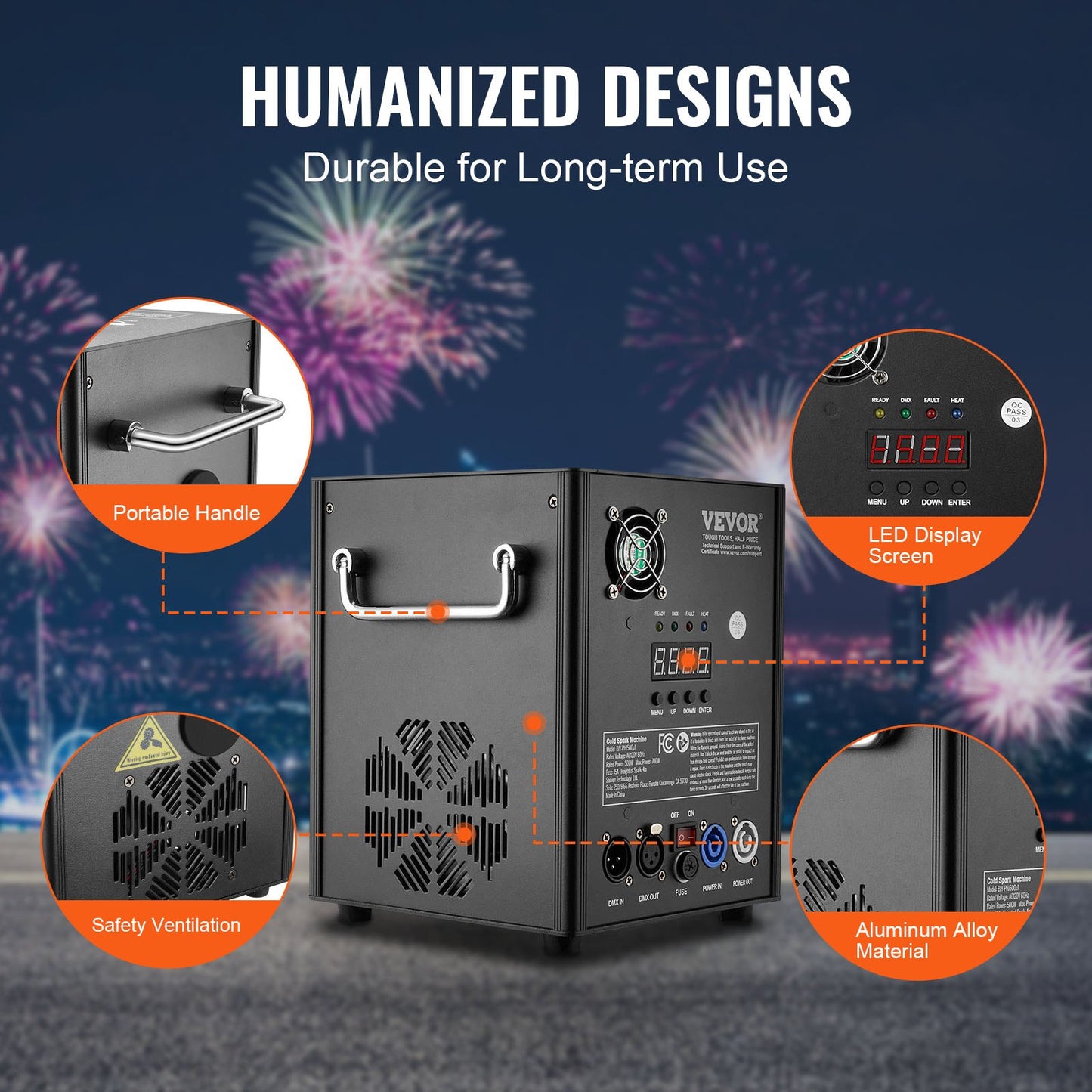 Cold Spark Machine, 500W Output Fireworks Controller, 6.6-13ft Adjustable Height, with Advanced DMX System,LED Screen,Portable Handle, HeavyDuty Aluminum Alloy for Stage DJ Wedding Event,Party