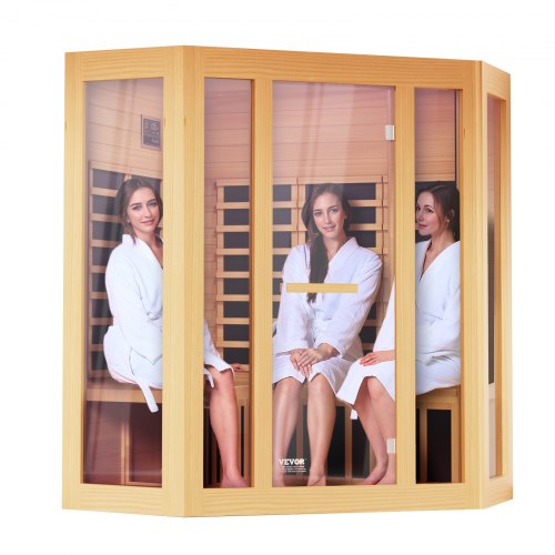 Far Infrared Wooden Sauna, Room Home Sauna Spa for 3 to 4 Person, Low EMF Far Infrared Hemlock Wood Sauna with Tempered Glass Door & Bluetooth Speakers & Chromotherapy Lights, 2470W Indoor