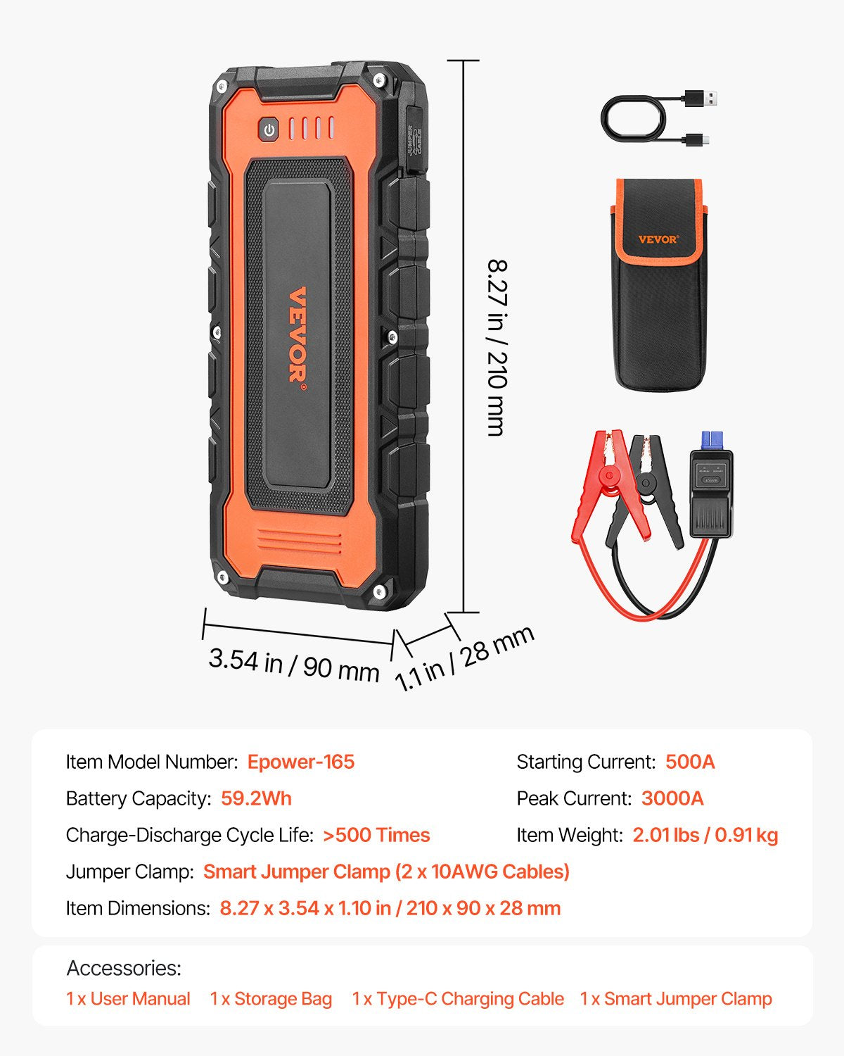Jump Starter, 3000A Peak, Car Battery Starter Power Pack, Portable Battery Booster with Air Compressor, Jumper Cables, LCD Display and LED Light, 59.2Wh Lithium Jump Box for up to 10L Gas/8L Diesel Engines