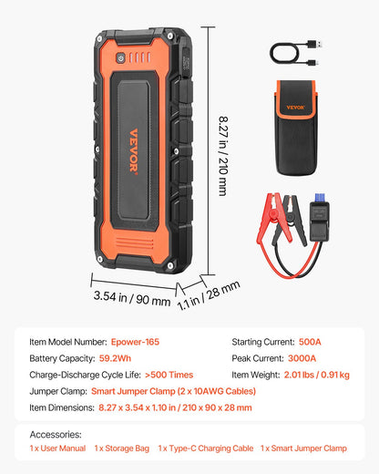 Jump Starter, 3000A Peak, Car Battery Starter Power Pack, Portable Battery Booster with Air Compressor, Jumper Cables, LCD Display and LED Light, 59.2Wh Lithium Jump Box for up to 10L Gas/8L Diesel Engines