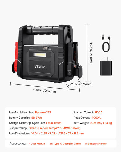 Jump Starter, 4000A Peak, Car Battery Starter Power Pack, Portable Battery Booster with Jumper Cables, LED Light, 88.8Wh Lithium Jump Box for All Gas/up to 10L Diesel Engines