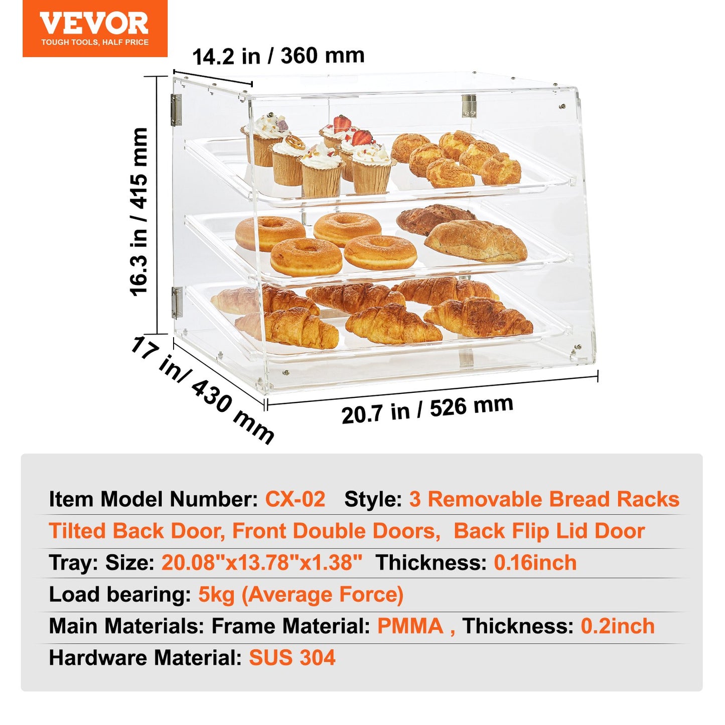 Pastry Display Case, 3-Tier Commercial Countertop Bakery Display Case, Acrylic Display Box with Rear Door Access & Removable Shelves, Keep Fresh for Donut Bagels Cake Cookie, 52.6 x 36.1 x 41.4 cm