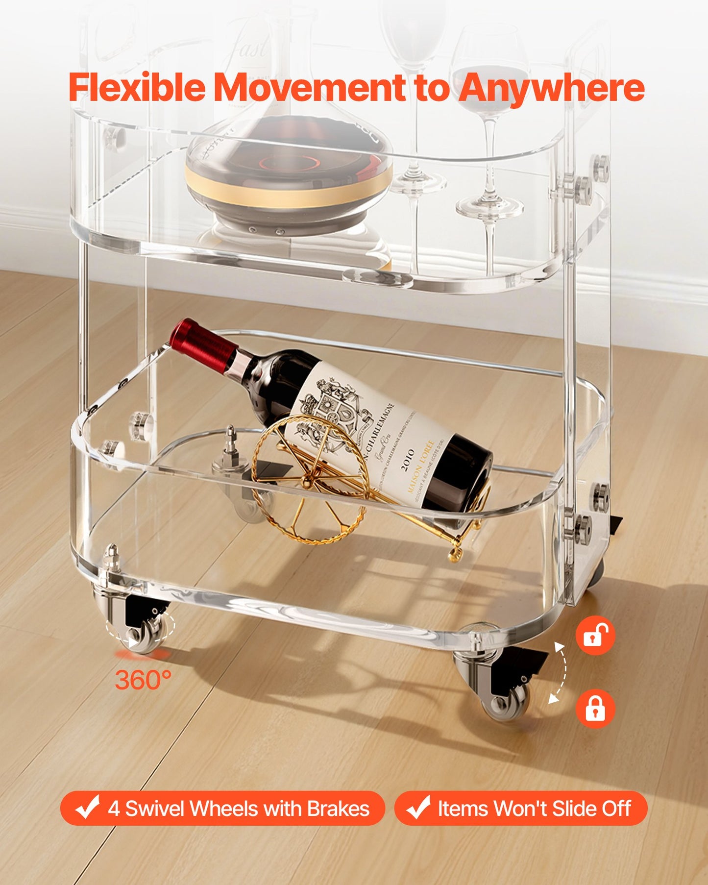 Acrylic Table with Wheels, 2 Tiers Mobile Cart Table, Modern Rolling Acrylic Storage Desk, Clear Nightstand Side End Desk, for Living Room, Bedroom, Bar, Office, 30.5 x 41.6 x 48 cm (Clear)