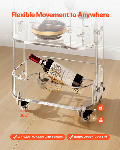 Acrylic Table with Wheels, 2 Tiers Mobile Cart Table, Modern Rolling Acrylic Storage Desk, Clear Nightstand Side End Desk, for Living Room, Bedroom, Bar, Office, 30.5 x 41.6 x 48 cm (Clear)