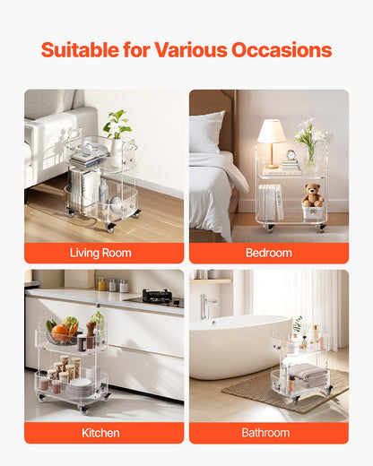 Acrylic Table with Wheels, 2 Tiers Mobile Cart Table, Modern Rolling Acrylic Storage Desk, Clear Nightstand Side End Desk, for Living Room, Bedroom, Bar, Office, 30.5 x 41.6 x 48 cm (Clear)