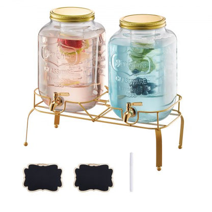 Getränkespender, 2er-Pack 8-Liter-Getränkespender für Partys, Saftspender aus Glas mit Metallständer, Edelstahl-Zapfhahn, Siebeinsatz, Eistee-, Limonaden-, Saft- und Wasserspender für Partys