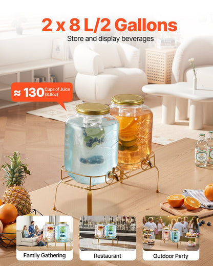 Getränkespender, 2er-Pack 8-Liter-Getränkespender für Partys, Saftspender aus Glas mit Metallständer, Edelstahl-Zapfhahn, Siebeinsatz, Eistee-, Limonaden-, Saft- und Wasserspender für Partys