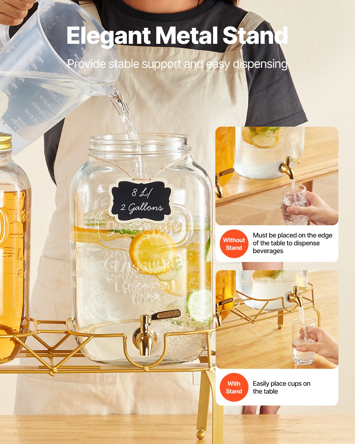 Getränkespender, 2er-Pack 8-Liter-Getränkespender für Partys, Saftspender aus Glas mit Metallständer, Edelstahl-Zapfhahn, Siebeinsatz, Eistee-, Limonaden-, Saft- und Wasserspender für Partys