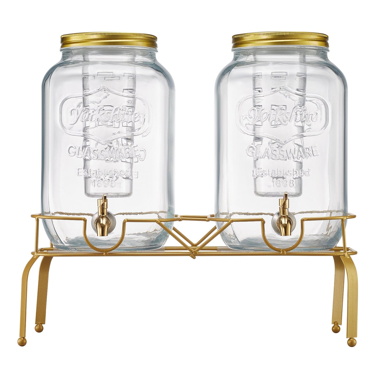 Getränkespender, 2er-Pack 8-Liter-Getränkespender für Partys, Saftspender aus Glas mit Metallständer, Edelstahl-Zapfhahn, Siebeinsatz, Eistee-, Limonaden-, Saft- und Wasserspender für Partys