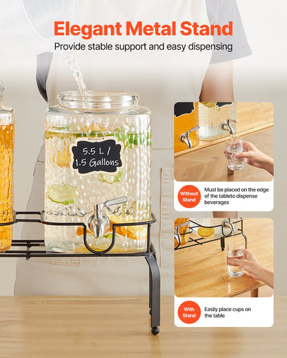 Getränkespender, 2er-Pack 5,5-Liter-Getränkespender für Partys, Saftspender aus Glas mit Metallständer, Edelstahl-Zapfhahn, Eistee-, Limonaden-, Saft- und Wasserspender für Partys