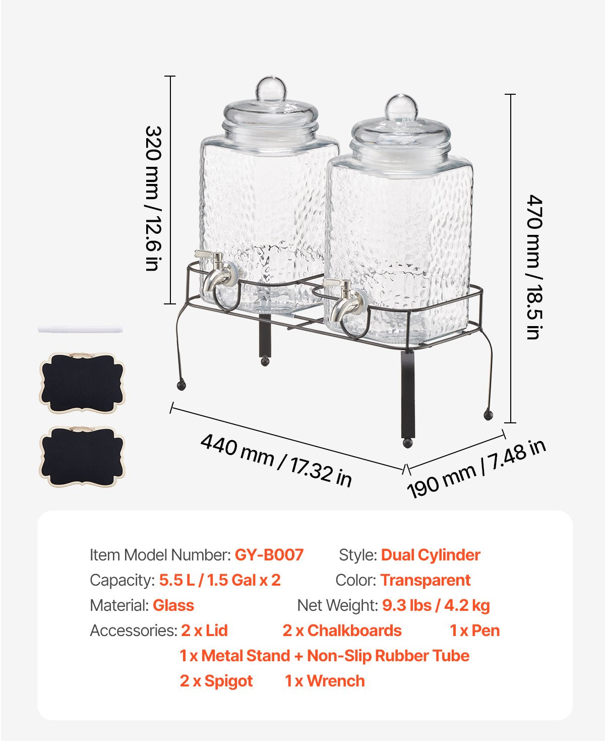 Getränkespender, 2er-Pack 5,5-Liter-Getränkespender für Partys, Saftspender aus Glas mit Metallständer, Edelstahl-Zapfhahn, Eistee-, Limonaden-, Saft- und Wasserspender für Partys