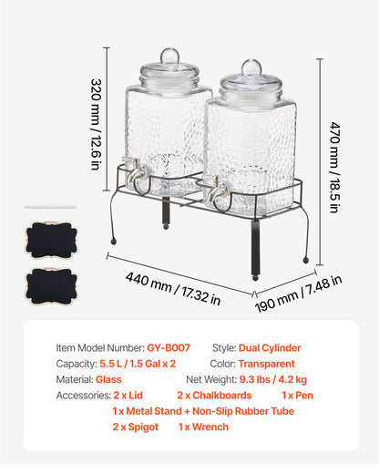 Getränkespender, 2er-Pack 5,5-Liter-Getränkespender für Partys, Saftspender aus Glas mit Metallständer, Edelstahl-Zapfhahn, Eistee-, Limonaden-, Saft- und Wasserspender für Partys