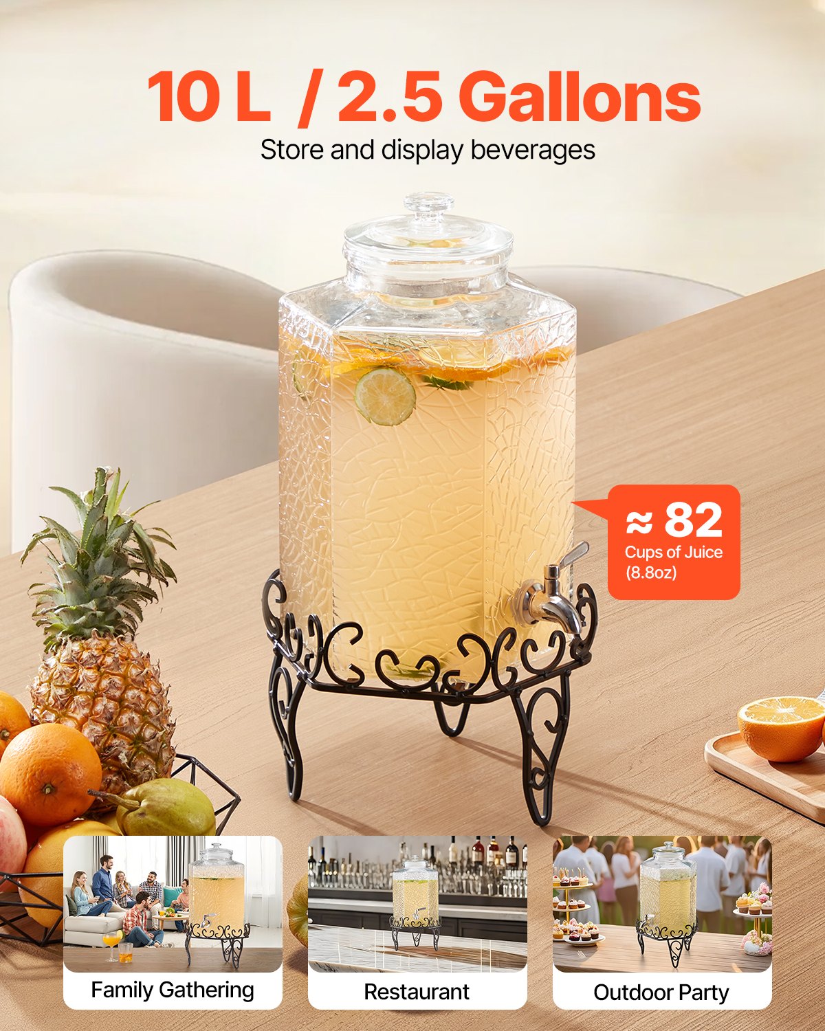 Beverage Dispenser, 10L Drink Dispensers for Parties, Glass Juice Dispenser with Metal Stand, Stainless Steel Spigot, Iced Tea Lemonade Juice Water Dispensers for Parties