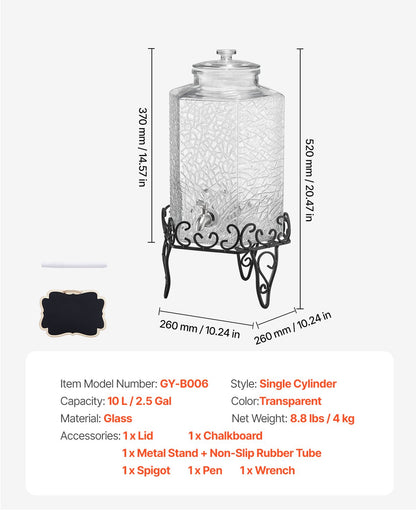 Beverage Dispenser, 10L Drink Dispensers for Parties, Glass Juice Dispenser with Metal Stand, Stainless Steel Spigot, Iced Tea Lemonade Juice Water Dispensers for Parties