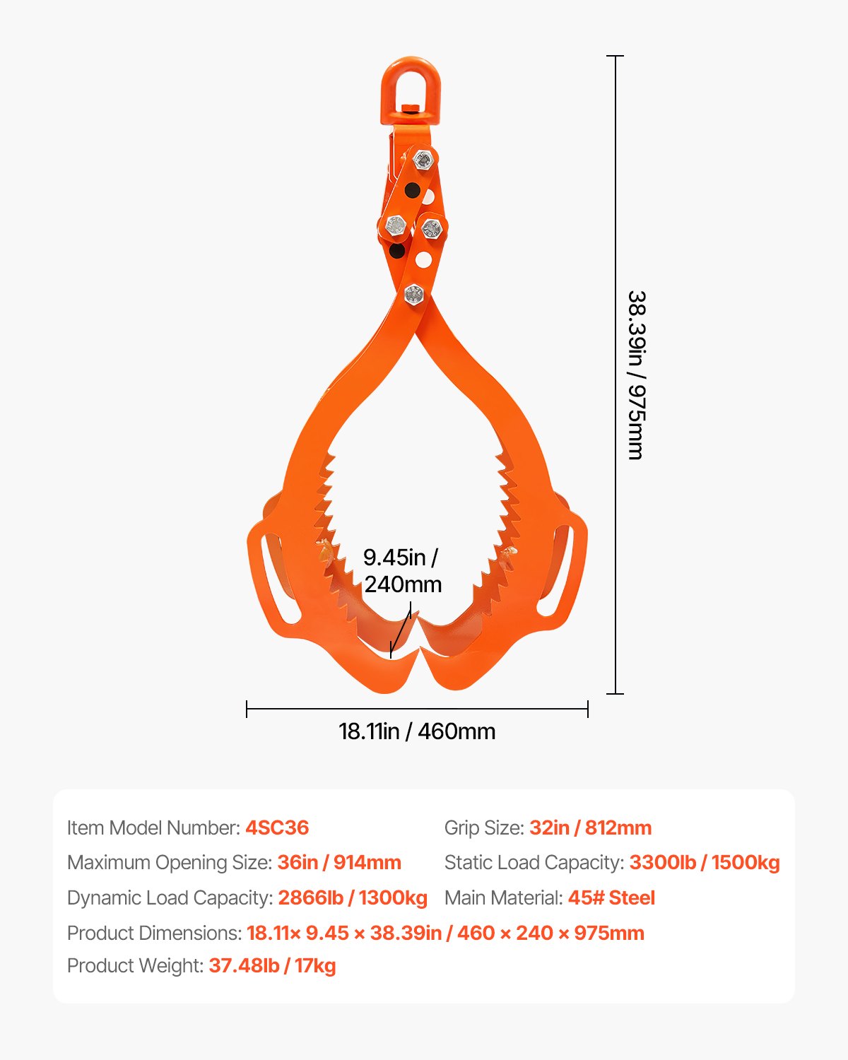 36in Log Lifting Tongs, 4-Claw Log Tongs, Heavy Duty Steel Log Grapple, 3300LBS Lifting Capacity, Swivel Log Graper Timber, Eagle Claw Design, Log Skidding Tongs for Trucks, Tractors, Forklifts