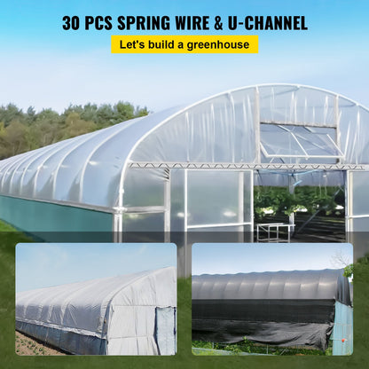 Spring Wire and Lock Channel, 6.56ft Spring Lock & U-Channel Bundle for Greenhouse, 30 Packs PE Coated Spring Wire & Aluminum Alloy Channel, Plastic Poly Film or Shade Cloth Attachment with Scre