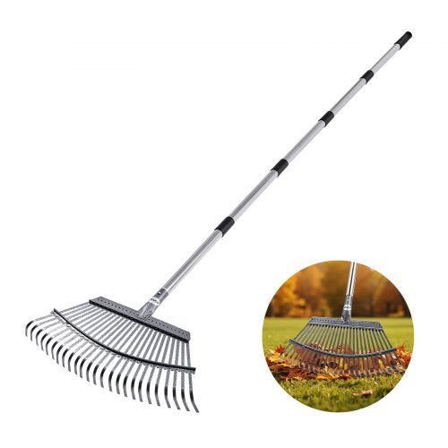 Leaf Rake, 25 Metal Tines, Adjustable Garden Rake for Lawns with 46.5 cm Wide Head and 92.5-185 cm Long Handle, Heavy Duty Stainless Steel Small Leaves Tool for Gardening Camping Yard Grass