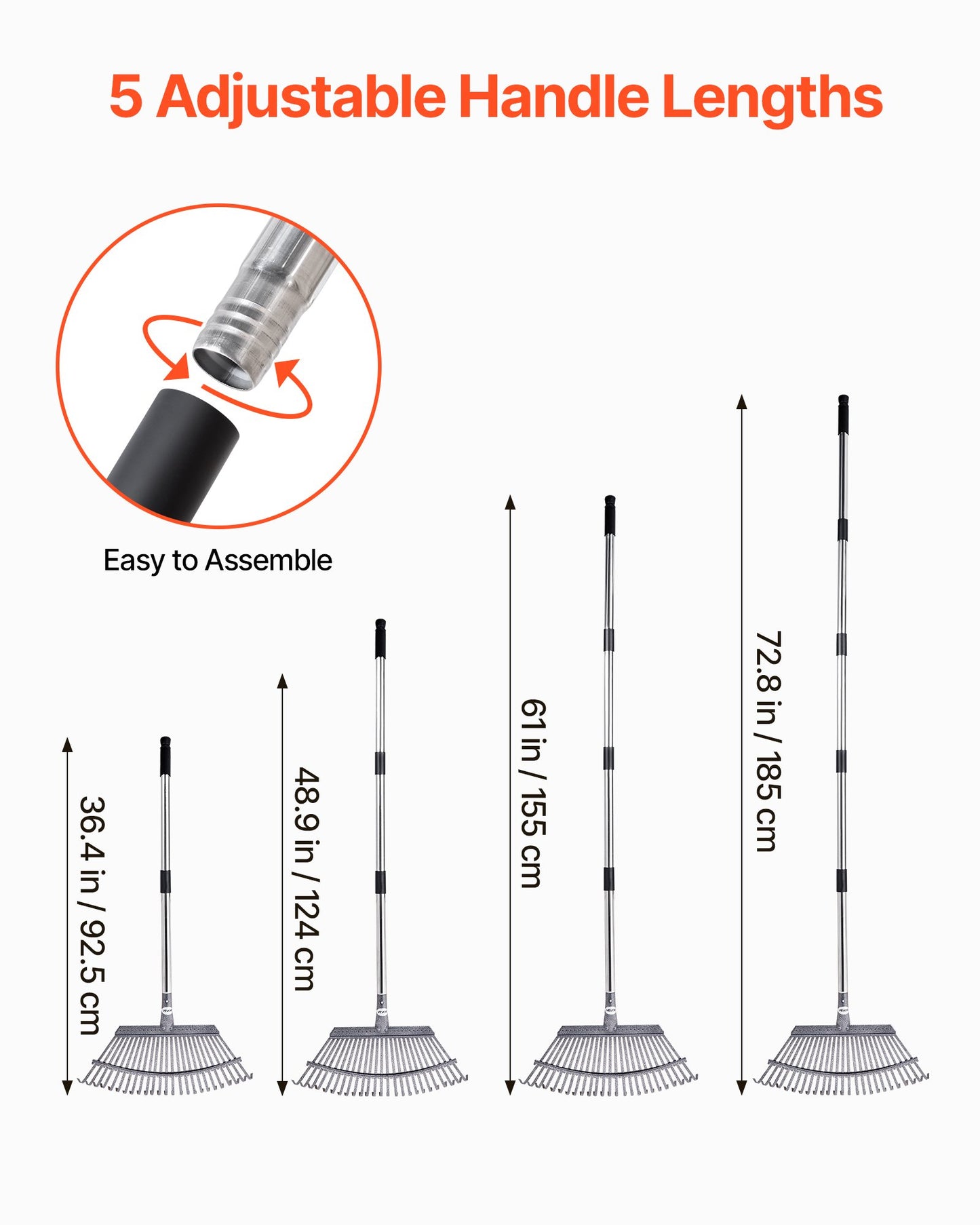 Laubharken, 25 Metallzinken, verstellbarer Gartenharken für Rasenflächen mit 46,5 cm breitem Kopf und 92,5–185 cm langem Stiel, robustes Werkzeug aus Edelstahl für kleine Blätter, geeignet für Gartenarbeit, Camping, Hof und Rasen