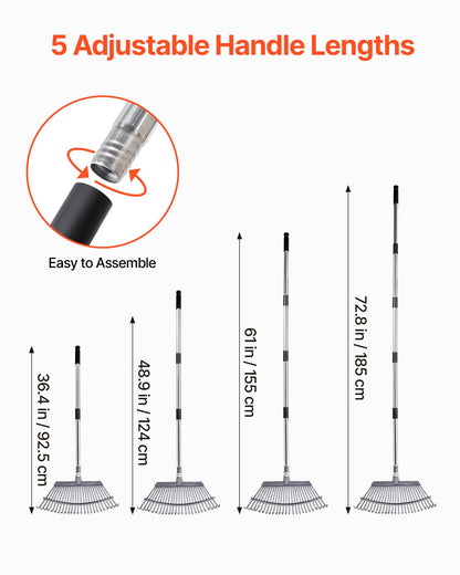 Laubharken, 25 Metallzinken, verstellbarer Gartenharken für Rasenflächen mit 46,5 cm breitem Kopf und 92,5–185 cm langem Stiel, robustes Werkzeug aus Edelstahl für kleine Blätter, geeignet für Gartenarbeit, Camping, Hof und Rasen