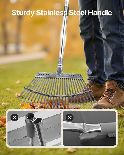 Laubharken, 25 Metallzinken, verstellbarer Gartenharken für Rasenflächen mit 46,5 cm breitem Kopf und 92,5–185 cm langem Stiel, robustes Werkzeug aus Edelstahl für kleine Blätter, geeignet für Gartenarbeit, Camping, Hof und Rasen