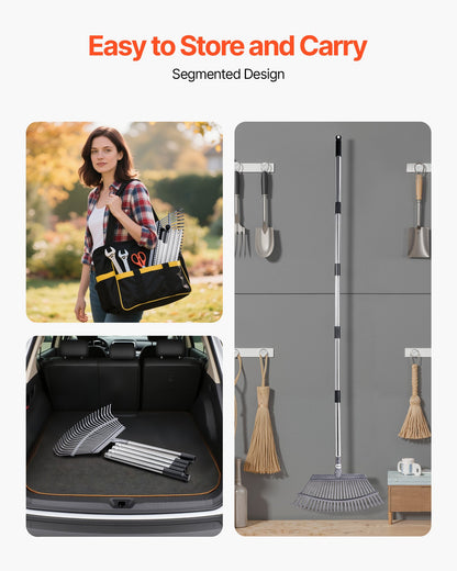 Laubharken, 25 Metallzinken, verstellbarer Gartenharken für Rasenflächen mit 46,5 cm breitem Kopf und 92,5–185 cm langem Stiel, robustes Werkzeug aus Edelstahl für kleine Blätter, geeignet für Gartenarbeit, Camping, Hof und Rasen