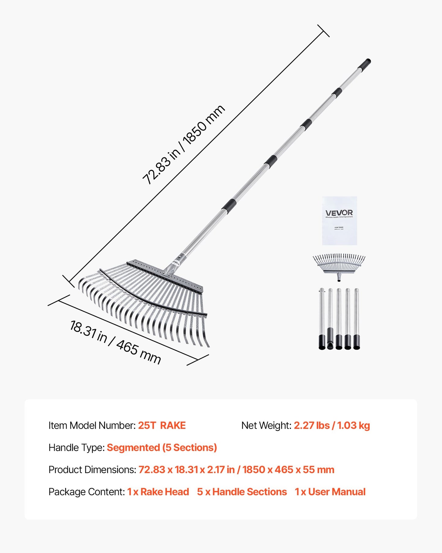 Laubharken, 25 Metallzinken, verstellbarer Gartenharken für Rasenflächen mit 46,5 cm breitem Kopf und 92,5–185 cm langem Stiel, robustes Werkzeug aus Edelstahl für kleine Blätter, geeignet für Gartenarbeit, Camping, Hof und Rasen