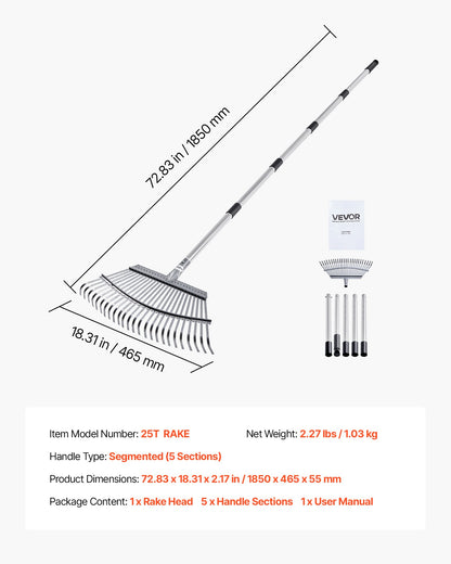 Laubharken, 25 Metallzinken, verstellbarer Gartenharken für Rasenflächen mit 46,5 cm breitem Kopf und 92,5–185 cm langem Stiel, robustes Werkzeug aus Edelstahl für kleine Blätter, geeignet für Gartenarbeit, Camping, Hof und Rasen