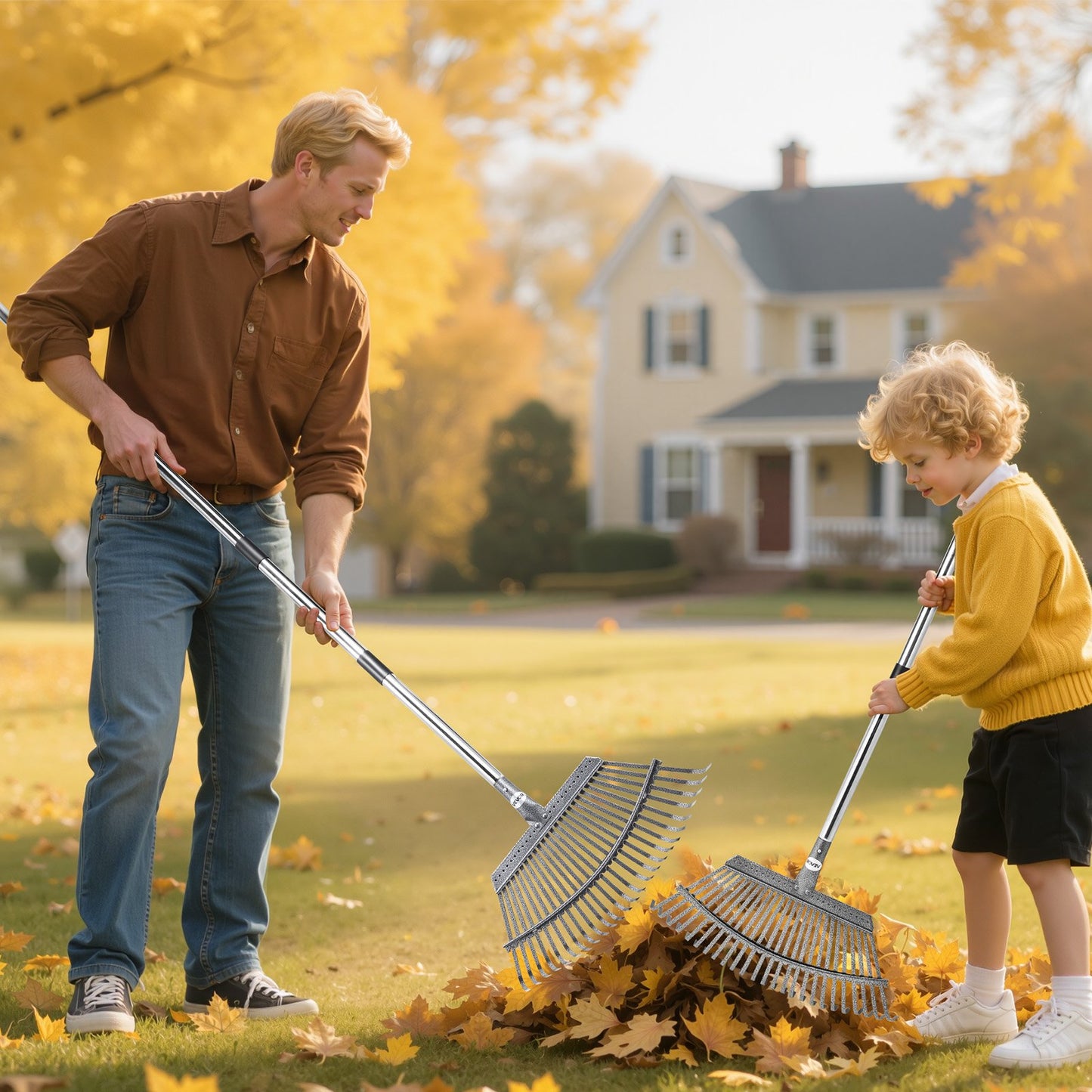Laubharken, 25 Metallzinken, verstellbarer Gartenharken für Rasenflächen mit 46,5 cm breitem Kopf und 92,5–185 cm langem Stiel, robustes Werkzeug aus Edelstahl für kleine Blätter, geeignet für Gartenarbeit, Camping, Hof und Rasen