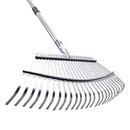 Laubharken, 25 Metallzinken, verstellbarer Gartenharken für Rasenflächen mit 46,5 cm breitem Kopf und 92,5–185 cm langem Stiel, robustes Werkzeug aus Edelstahl für kleine Blätter, geeignet für Gartenarbeit, Camping, Hof und Rasen