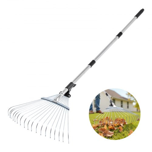 Leaf Rake, 18 Metal Tines, Adjustable Garden Rake for Lawns with 19.5-43.5 cm Wide Head & 82-141 cm Long Handle, Heavy Duty Stainless Steel Small Leaves Tool for Gardening Camping Yard Grass