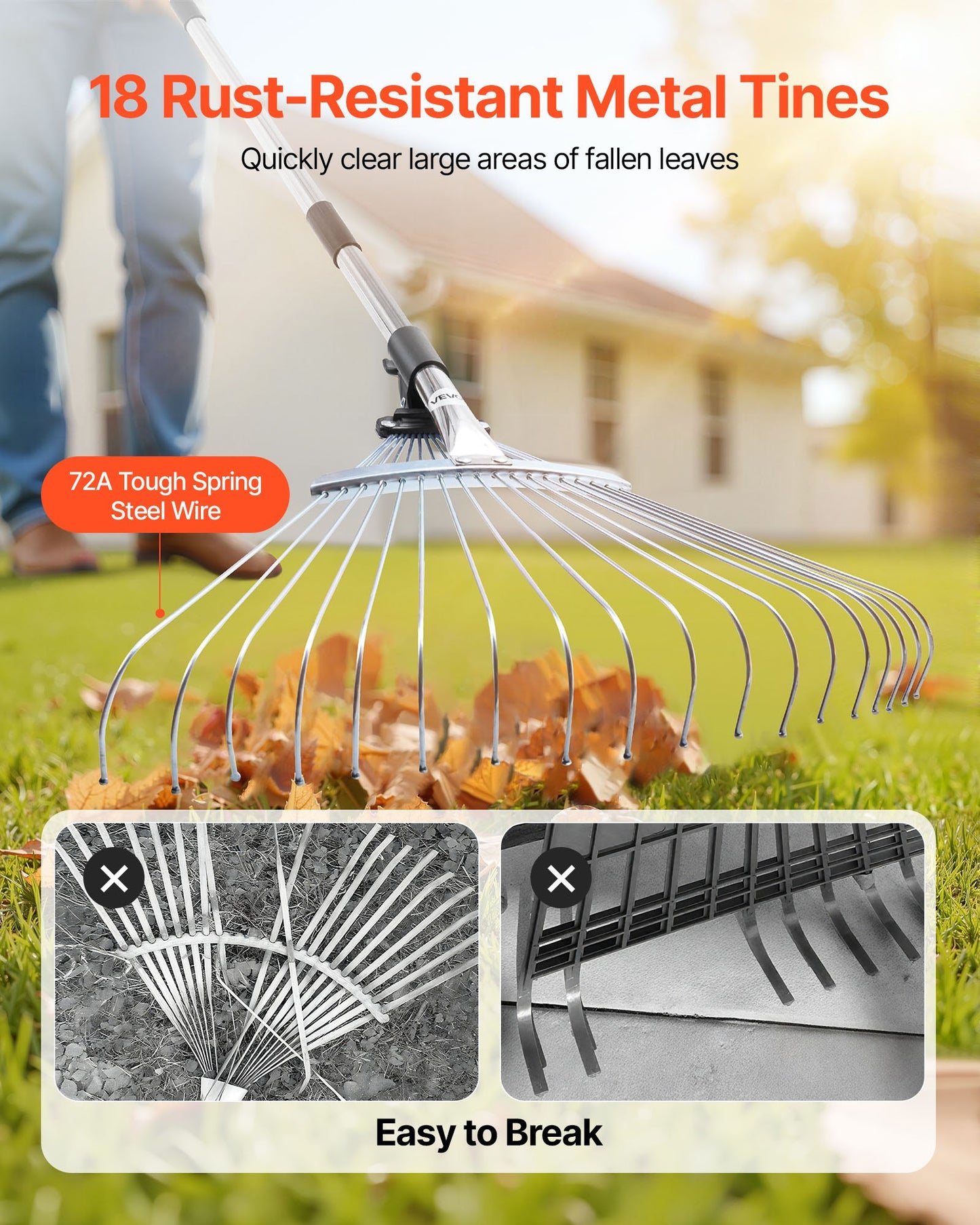 Leaf Rake, 18 Metal Tines, Adjustable Garden Rake for Lawns with 19.5-43.5 cm Wide Head & 82-141 cm Long Handle, Heavy Duty Stainless Steel Small Leaves Tool for Gardening Camping Yard Grass