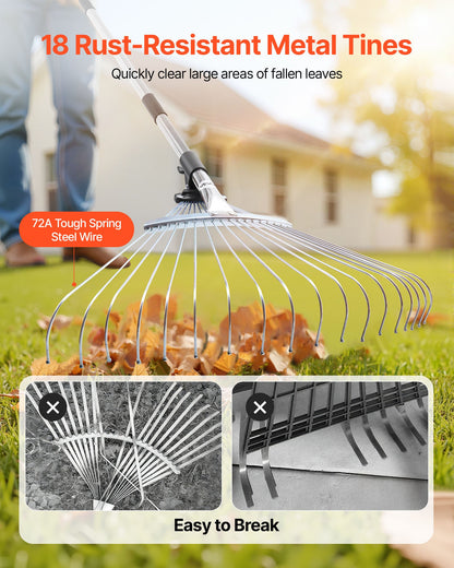 Leaf Rake, 18 Metal Tines, Adjustable Garden Rake for Lawns with 19.5-43.5 cm Wide Head & 82-141 cm Long Handle, Heavy Duty Stainless Steel Small Leaves Tool for Gardening Camping Yard Grass