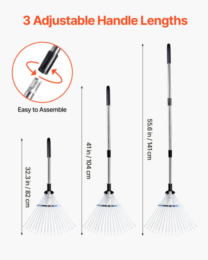 Leaf Rake, 18 Metal Tines, Adjustable Garden Rake for Lawns with 19.5-43.5 cm Wide Head & 82-141 cm Long Handle, Heavy Duty Stainless Steel Small Leaves Tool for Gardening Camping Yard Grass