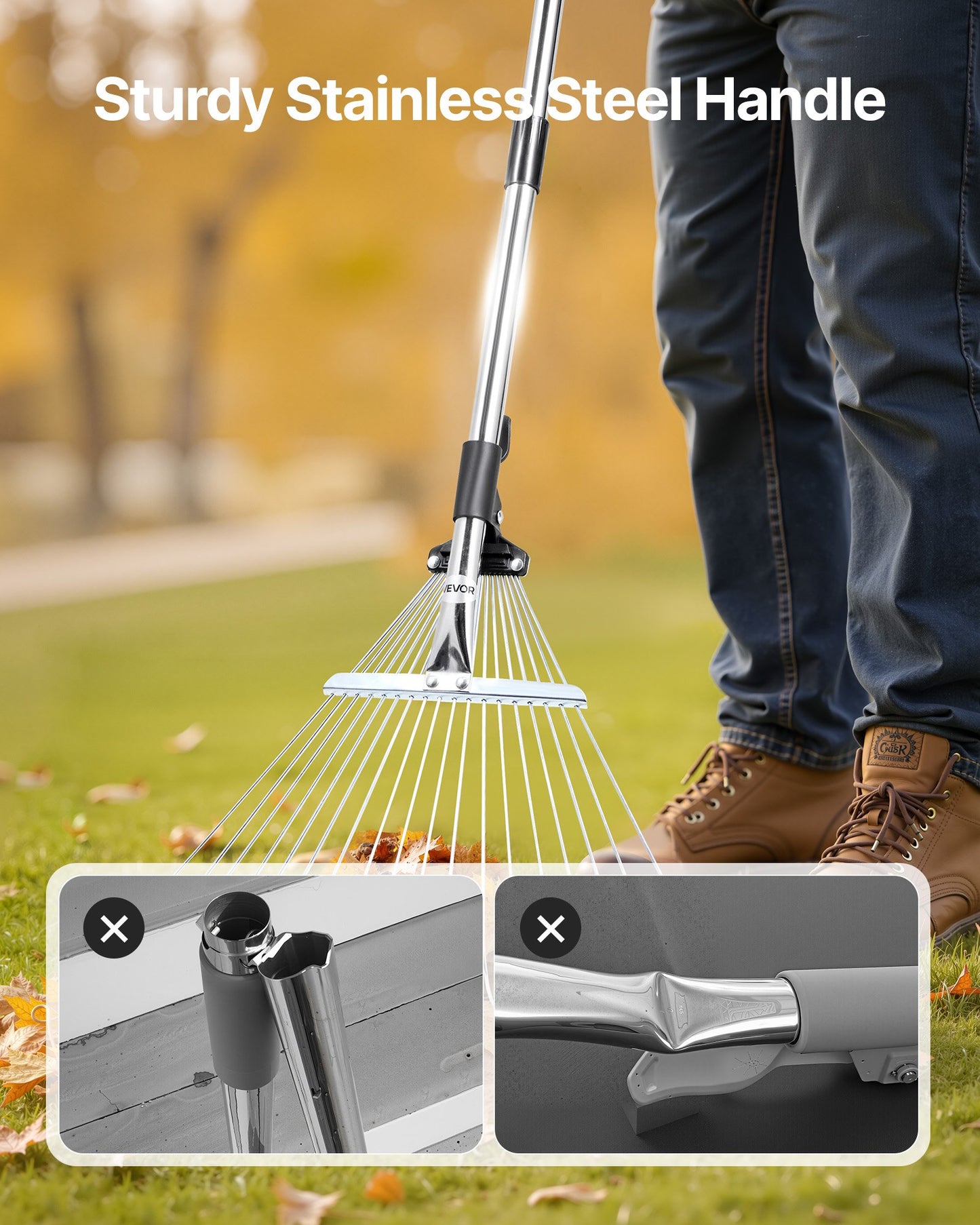 Leaf Rake, 18 Metal Tines, Adjustable Garden Rake for Lawns with 19.5-43.5 cm Wide Head & 82-141 cm Long Handle, Heavy Duty Stainless Steel Small Leaves Tool for Gardening Camping Yard Grass